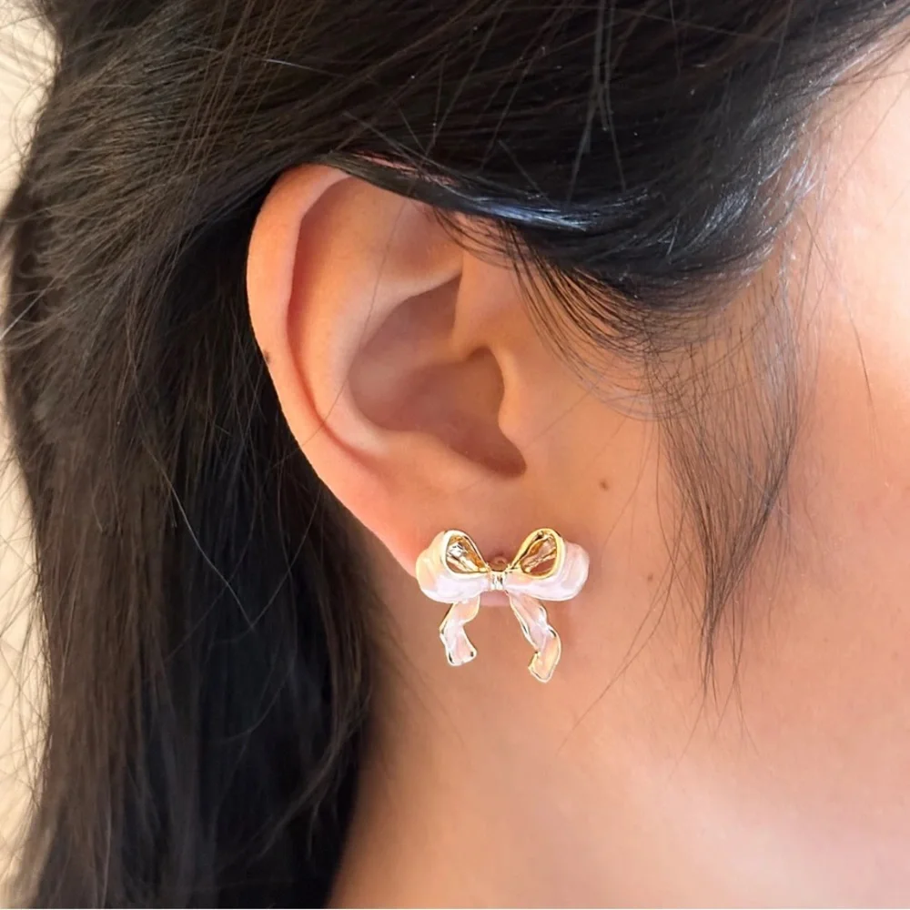 Pink and Gold Coquette Bow Earrings - Picture 2 of 3